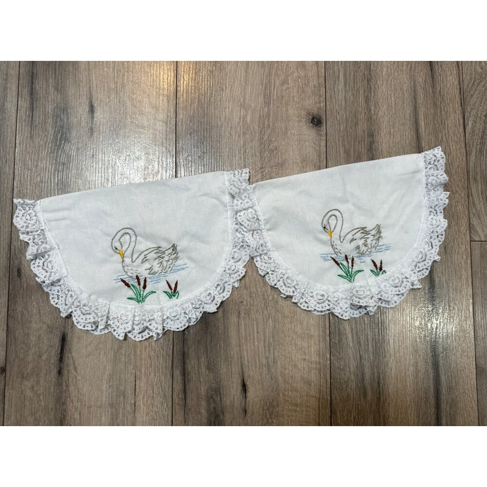 Vintage Embroidered Swan Lace Doilies Set Of 2 Oval 12"x8"